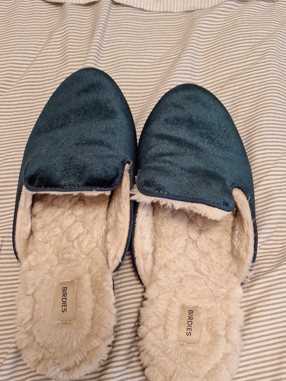 Birdies Women's Emerald Green Velvet Slip-On Slippers with Cream Shearling